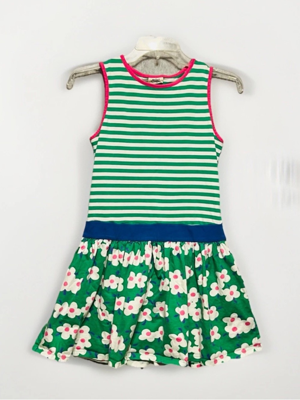 Boden Girls Floral Dress Hopscotch Green White Stripe & Pink Casual